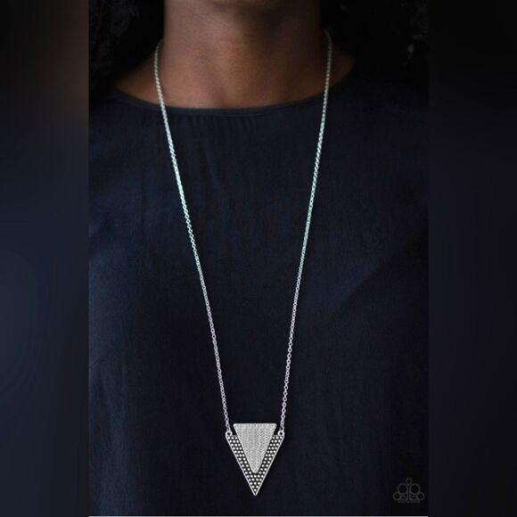 paparazzi "Ancient Arrow" silver tribal triangle elongated necklace and earrings - Picture 2 of 4